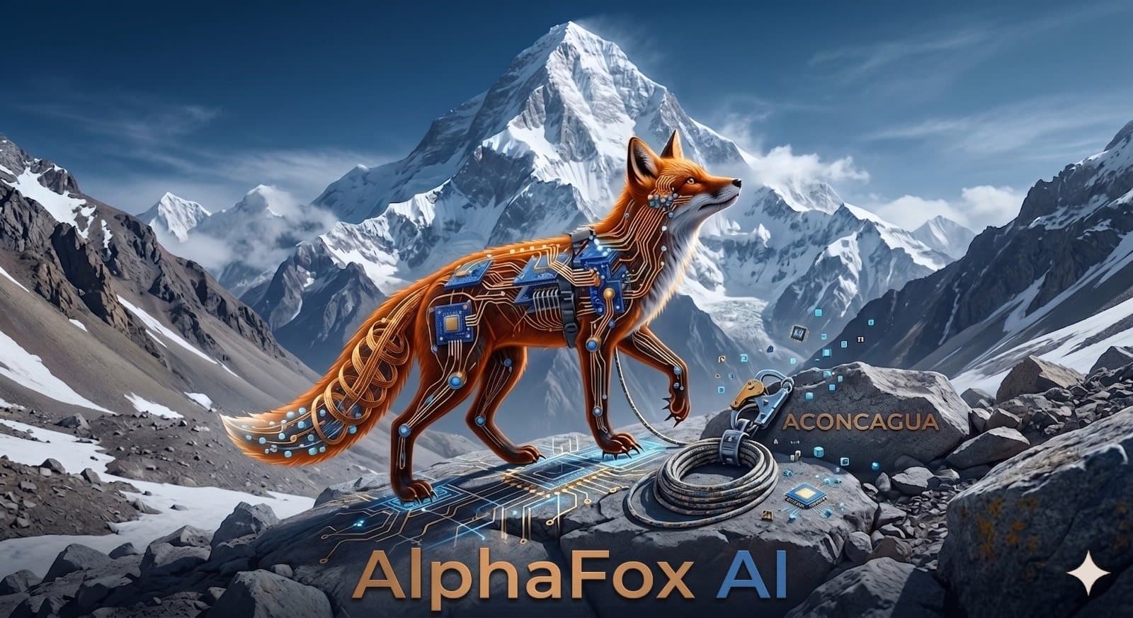 AlphaFox AI — a cybernetic fox on Aconcagua